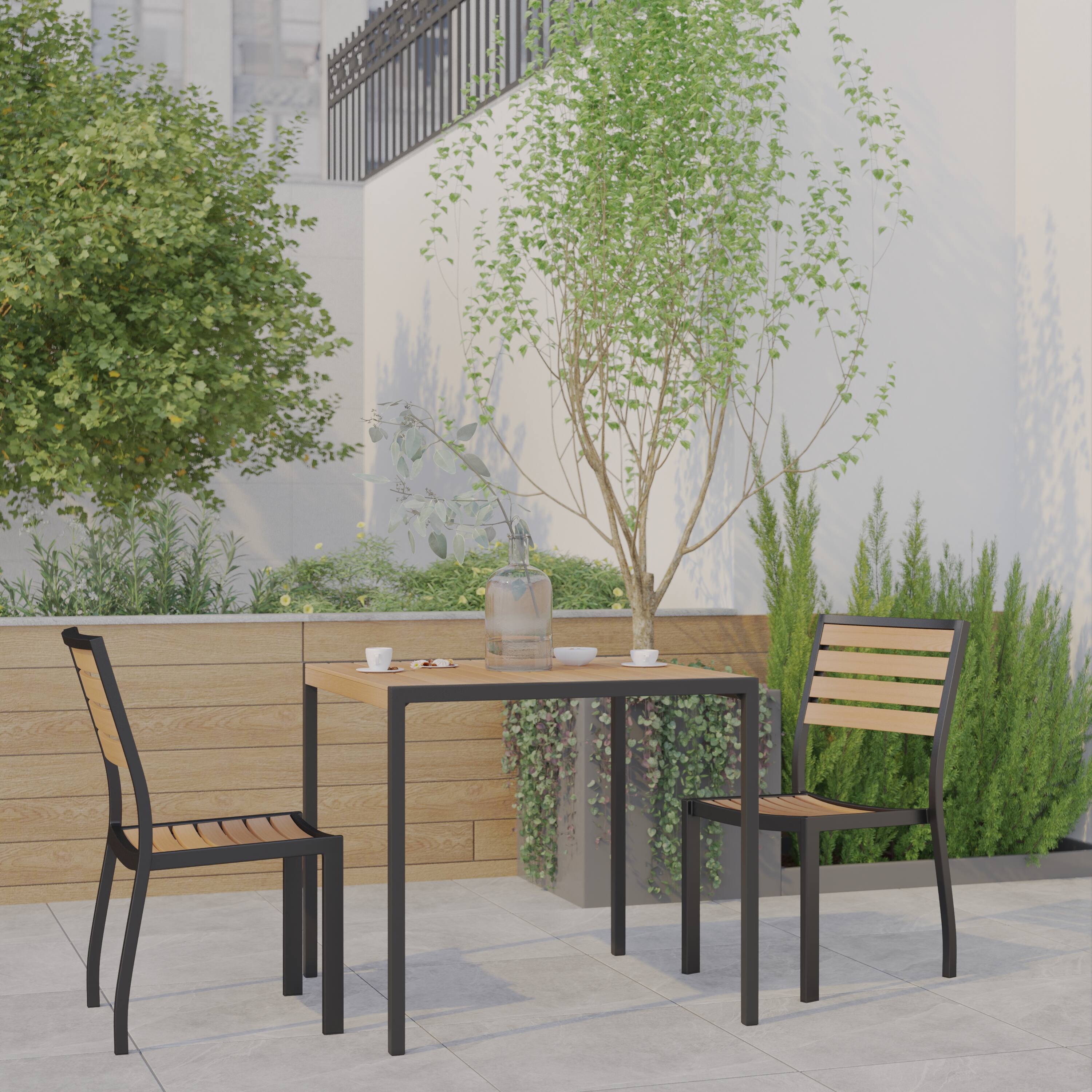 Alt View 1. Emma + Oliver - 3 Piece Outdoor Patio Dining Table Set with Faux Teak Table and Stackable Chairs with Accented Arms - Teak.