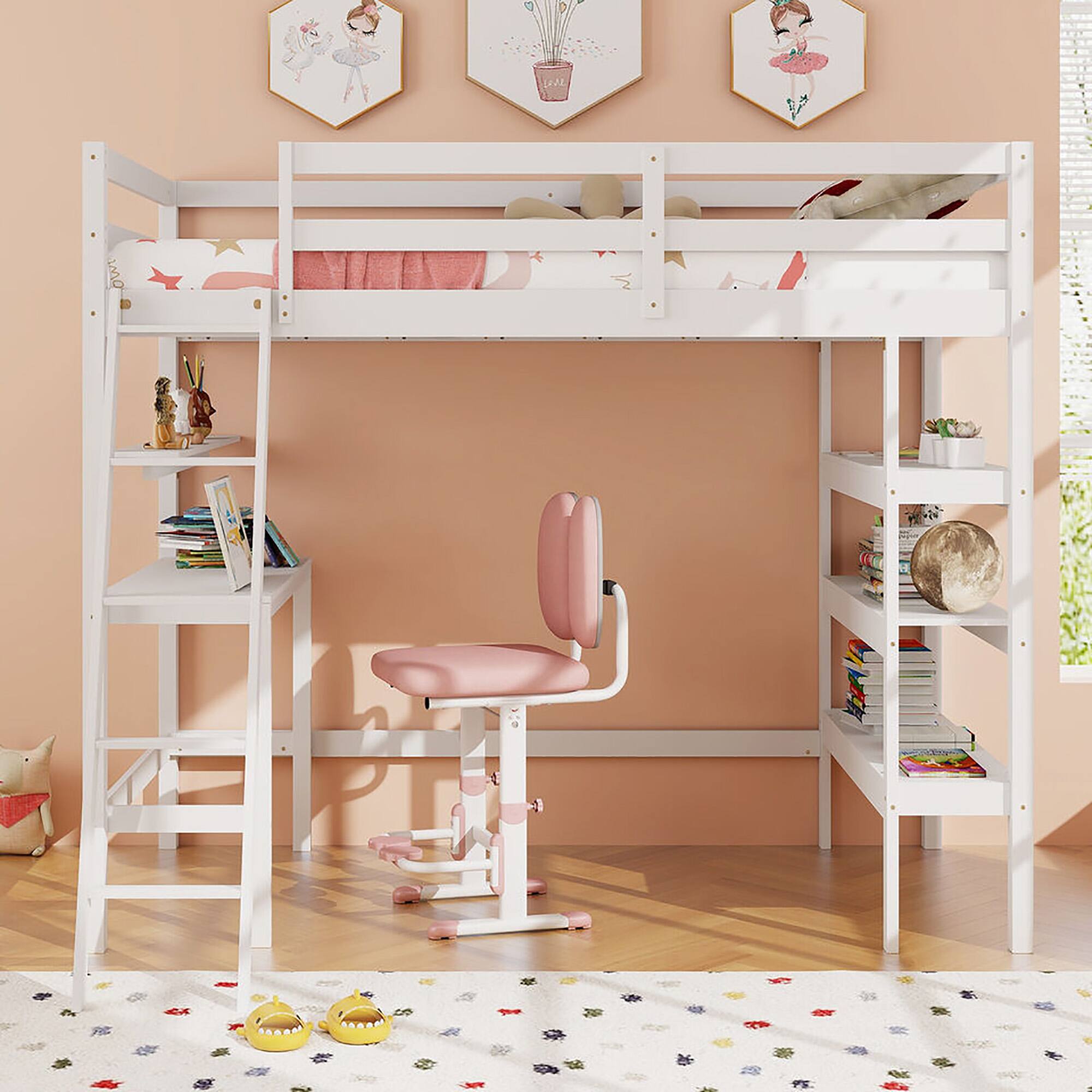 Alt View 3. Gymax - Gymax Twin Size Solid Wood Loft Bed w/ Desk & Bookshelves Ladder & Guardrails White - White.