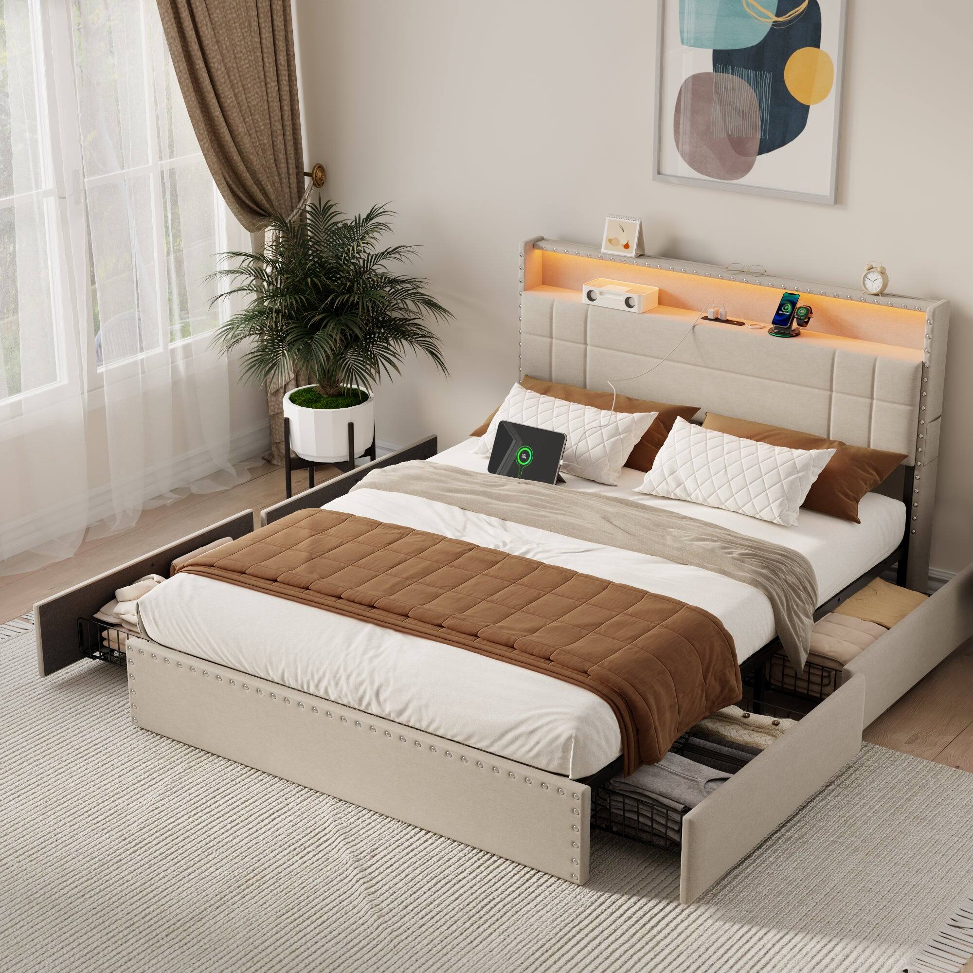 Back. Furnulem - Platform Bed Frame with 4 Underbed Drawers & Open Storage Headboard LED Light & Charging Station - Beige.