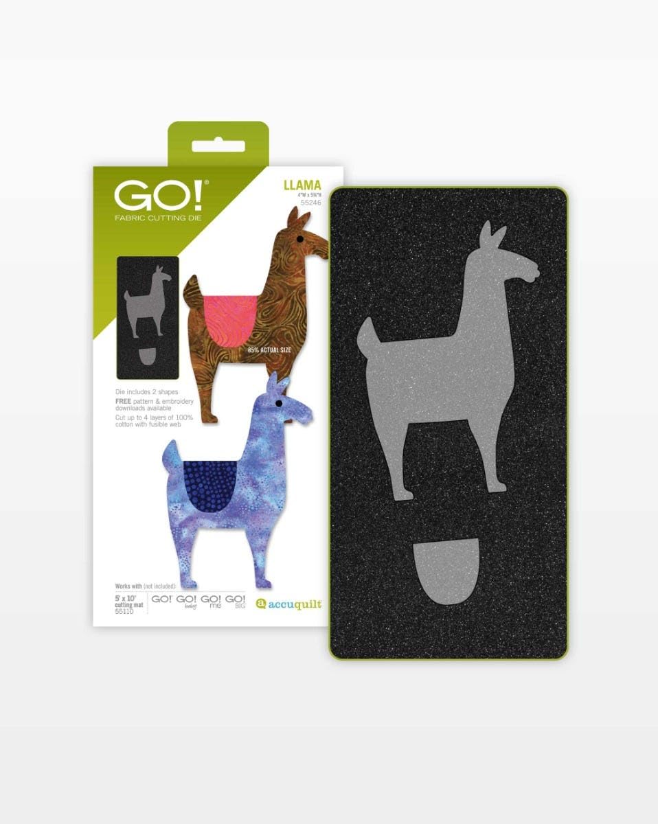GO! FABRIC CUTTING DIE LLAMA 55246 85% ACTUAL SIZE Die includes 2 shapes FREE pattern & embroidery downloads available Cut up to 4 layers of 100% cotton with fusible web Works with GO! GO! GO! GO! cutting mat 5 x 10" included 55110 accuquilt