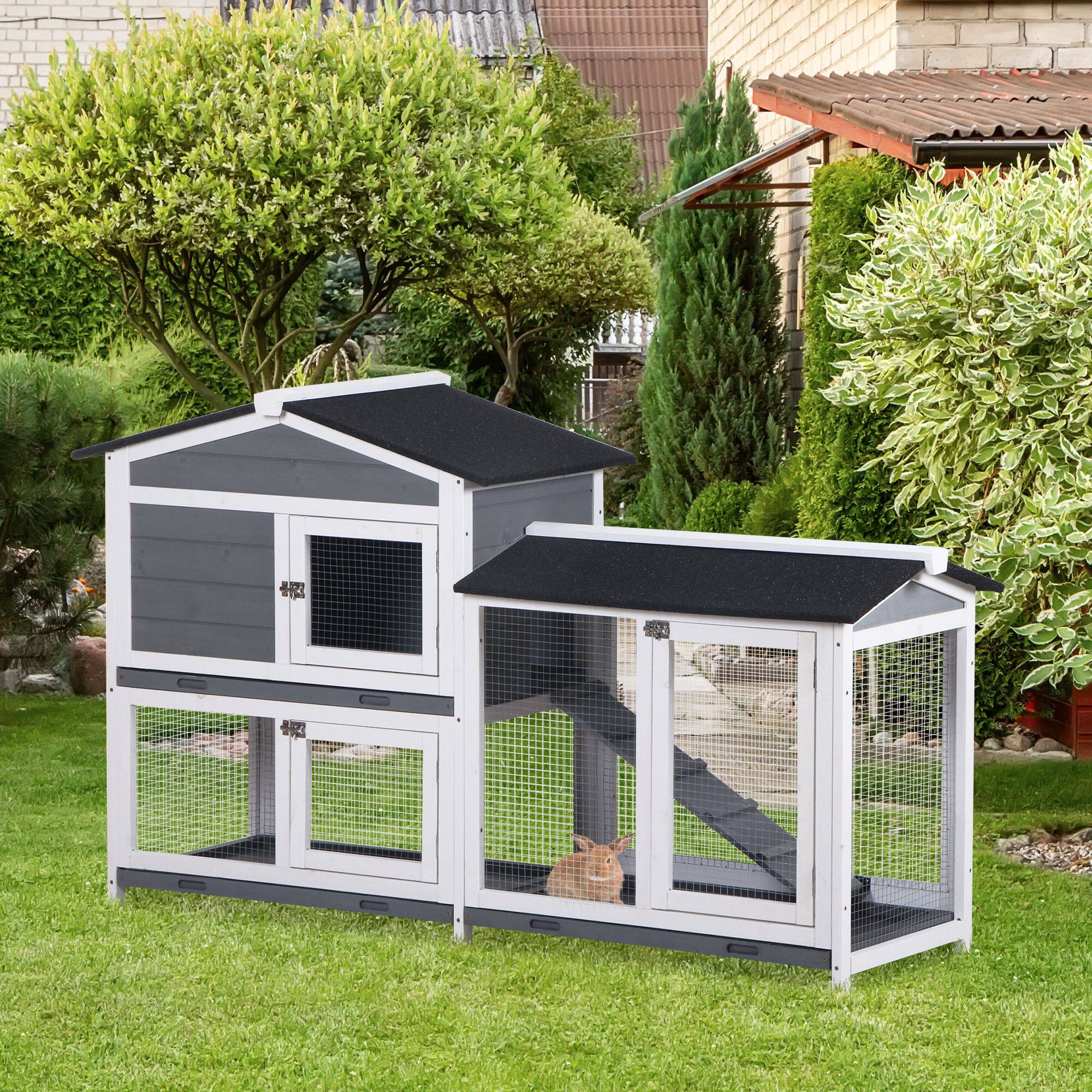 Angle. Pawhut - 62" Rabbit Hutch, Wooden, Guinea Pig Cage, Small Animal Enclosure with Run Area, Removable Tray, Asphalt Roof.