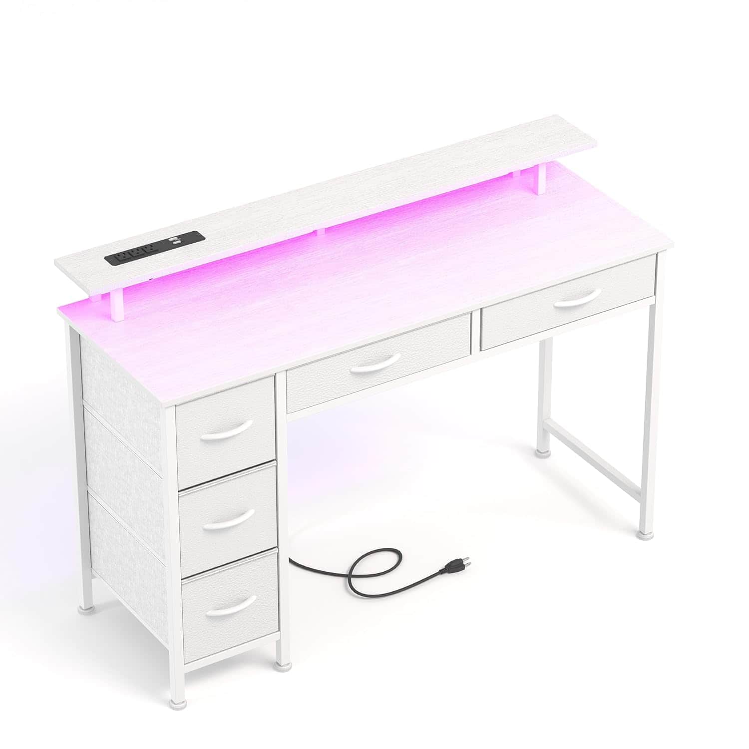 Zell Electronics - 47 Inch DeskFive Drawers, LED, Power Outlets, Type-C, Monitor Stand for Home Office Use - White