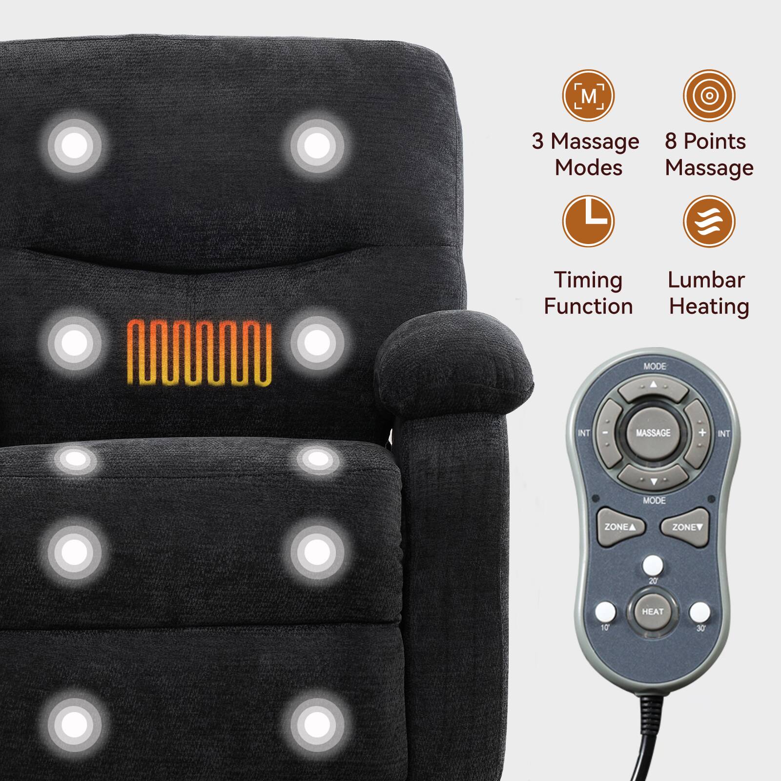 3 Massage Modes  
8 Points Massage  
Timing Function  
Lumbar Heating  

MODE  
MASSAGE  
INT  
ZONE A  
ZONE V  
HEAT  
20  
10  
30