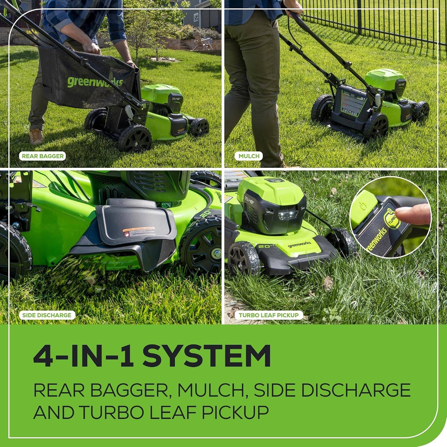 greenworks Aes SN REAR BAGGER MULCH EO gresnoes reenworks SIDE DISCHARGE TURBO LEAF PICKUP 4-IN-1 SYSTEM REAR BAGGER, MULCH, SIDE DISCHARGE AND TURBO LEAF PICKUP
