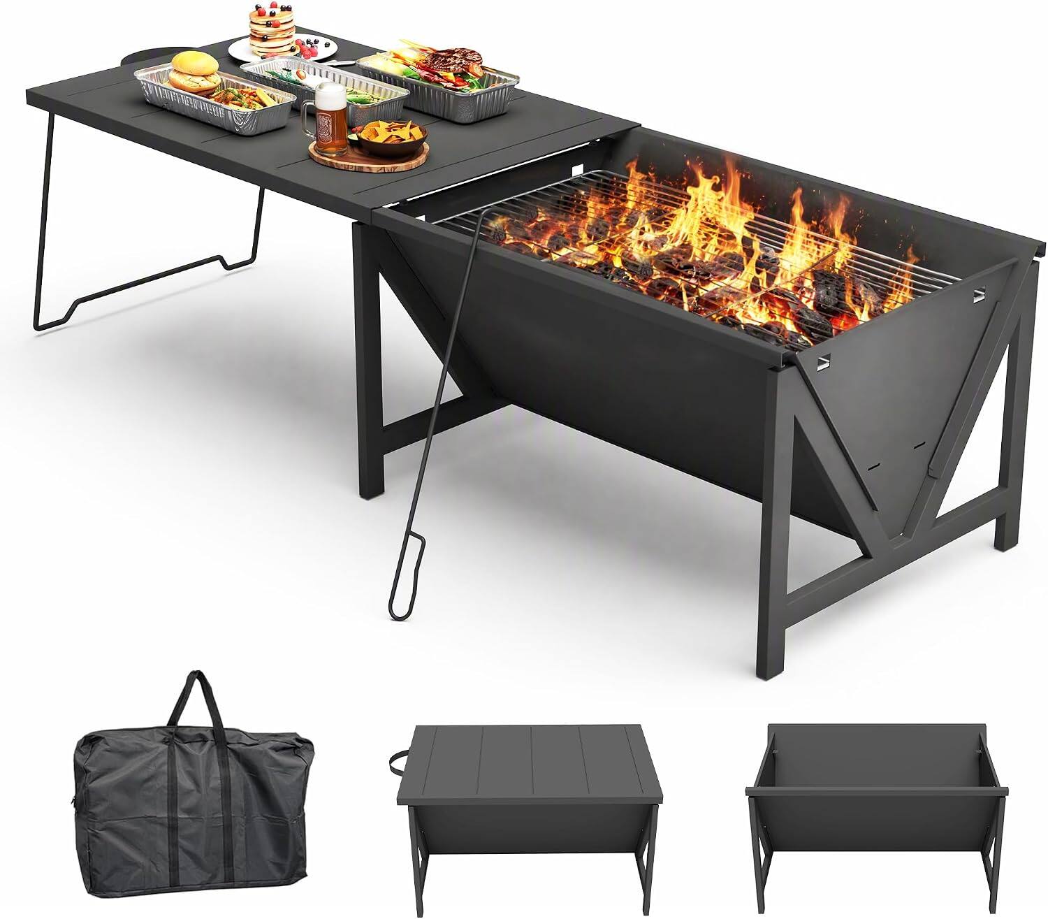 Front. TMWINGS - 53" Wood Burning Firepit, Rectangular Outdoor Fire Pits with Pull-Out Tabletop, BBQ Grill, Carry Bag, Poker & Brush.