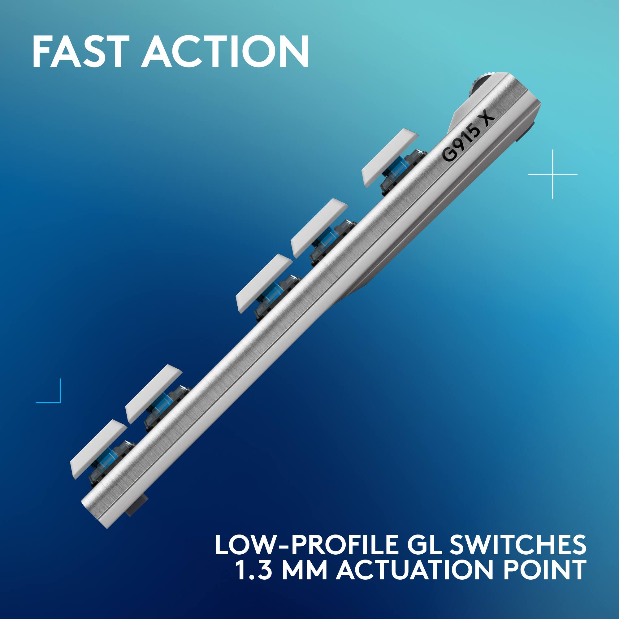 The image features a close-up view of a silver object with a label that reads "FAST ACTION." The object is described as having low-profile GL switches and a 1.3 mm actuation point. The image showcases the product's design and functionality, making it an appealing choice for those seeking a fast-action device.