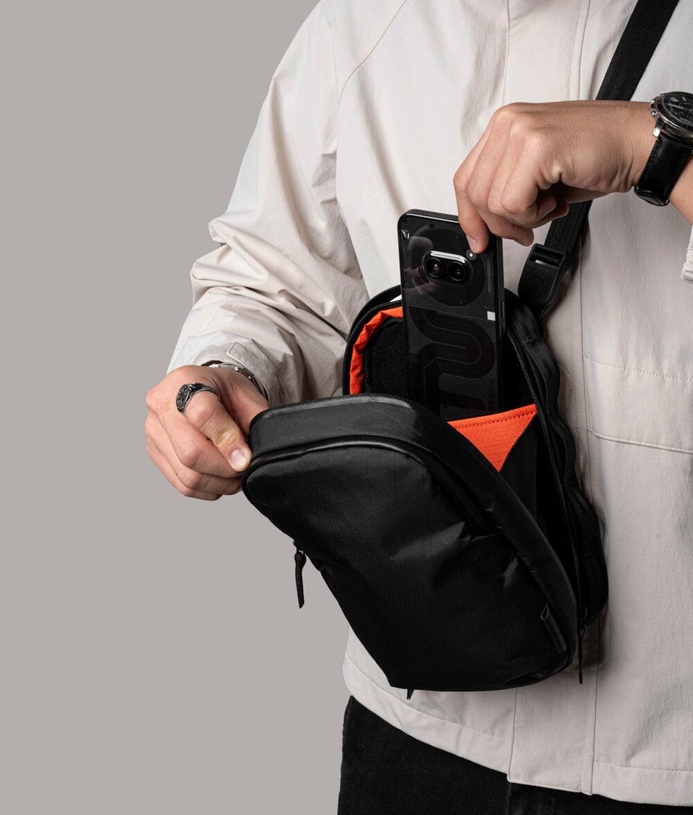 Left. ALPAKA - Sling Bag for Men with 6 Inner Sleeves, Key Tether - Black X-Pac VX42.