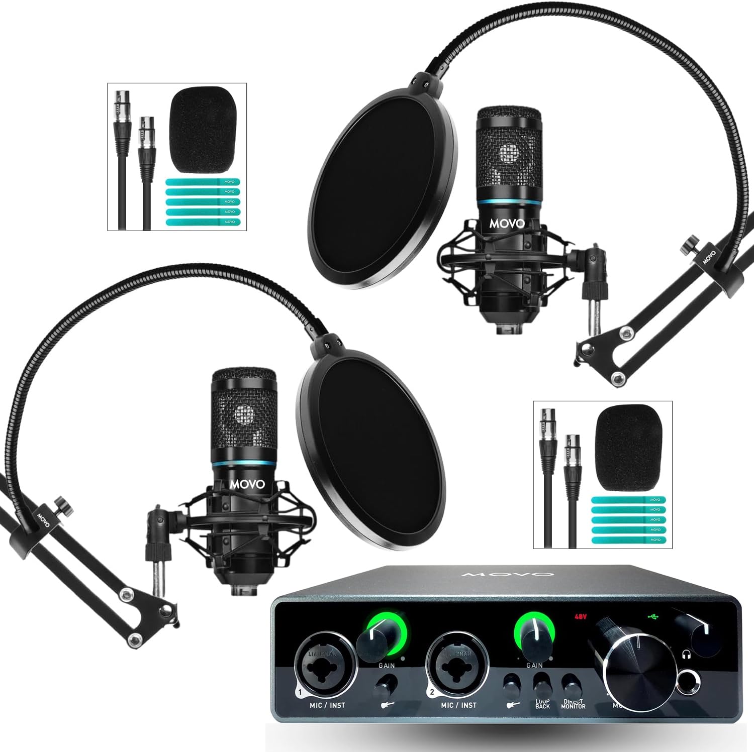 MOVO - PodKit2A Podcast Bundle for 2 - Includes Microphones, Boom Arms, Pop Filters, and Audio Interface