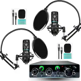 MOVO - PodKit2A Podcast Bundle for 2 - Includes Microphones, Boom Arms, Pop Filters, and Audio Interface