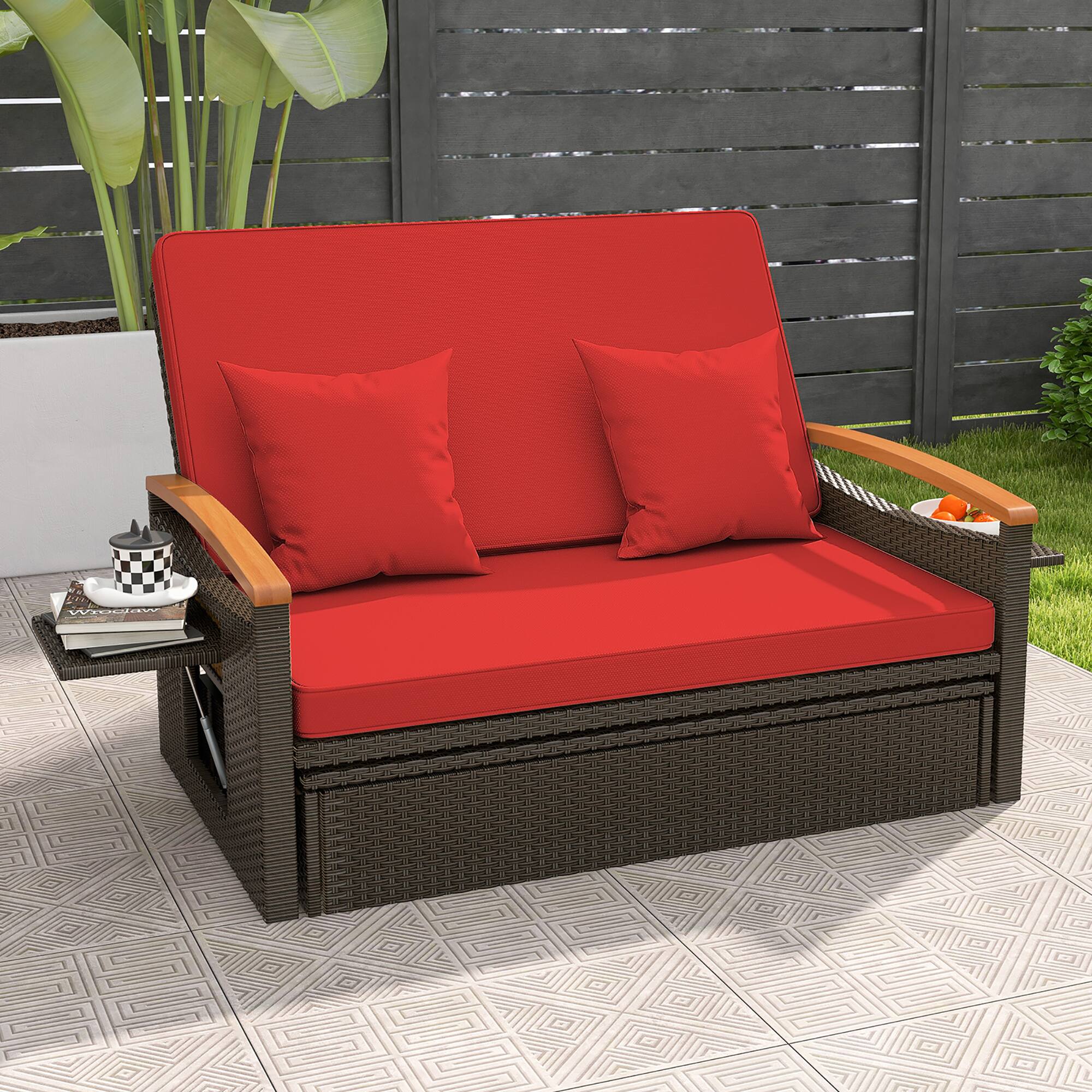 Alt View 3. Gymax - Gymax Patio Rattan Daybed Set w/ Cushioned Loveseat & Storage Ottoman - Mix Brown, Red.
