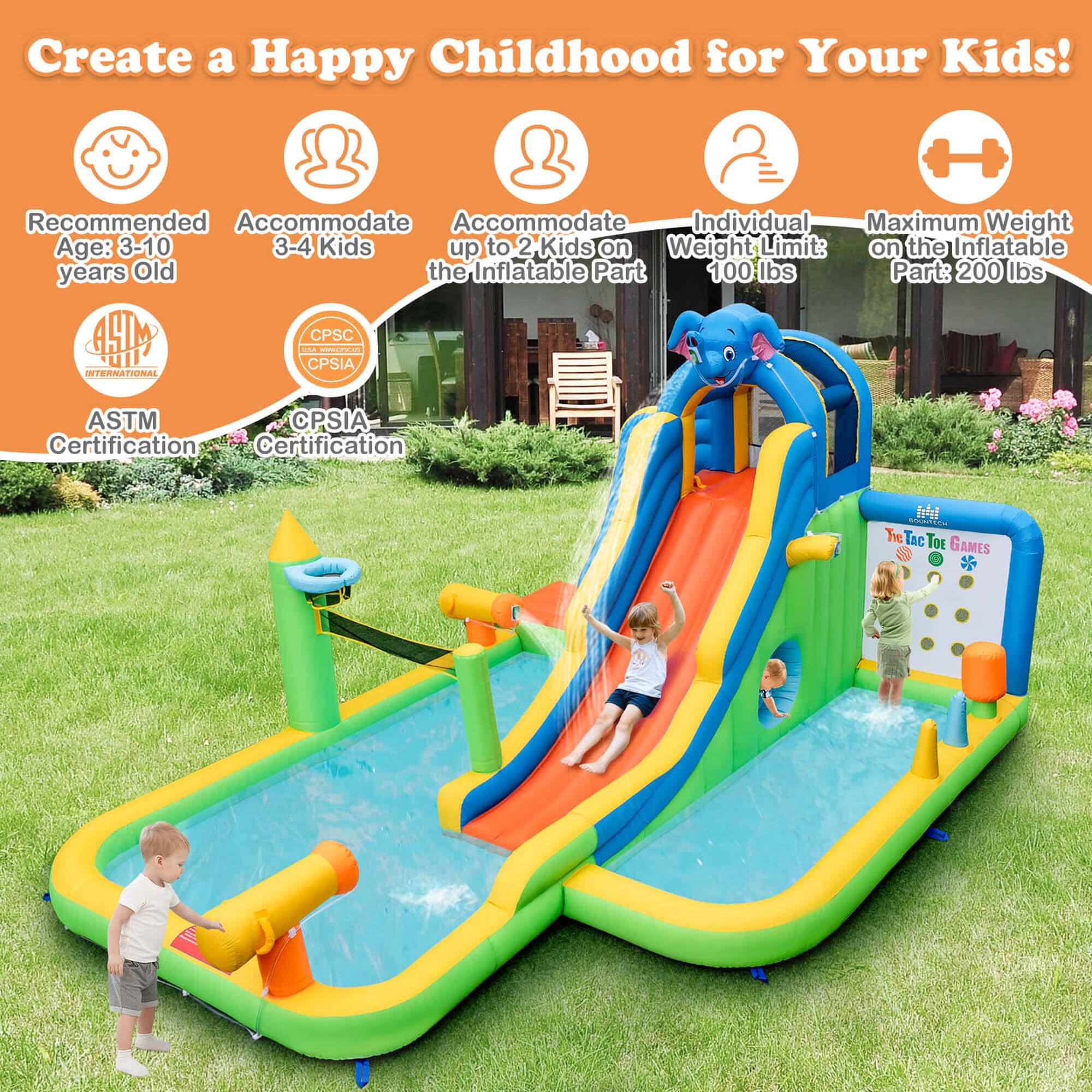 Create a Happy Childhood for Your Kids!

- Recommended Age: 3-10 years Old
- Accommodate 3-4 Kids
- Accommodate up to 2 Kids on the Inflatable Part
- Individual Weight Limit: 100 lbs
- Maximum Weight on the Inflatable Part: 200 lbs
- ASTM Certification
- CPSC Certification
- CPSIA Certification