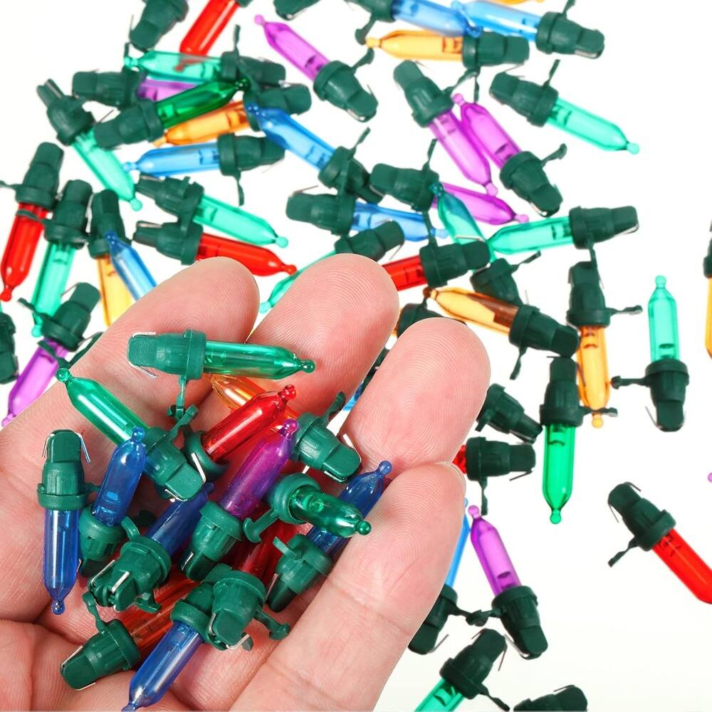 Left. MOSZAR LLC - 60-Pack Mini LED Christmas Replacement Bulbs, Multicolor, Green BaseC.