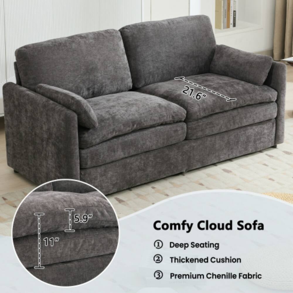 21.6" I 5.9" I 11" Comfy Cloud Sofa  
1. Deep Seating  
2. Thickened Cushion  
3. Premium Chenille Fabric