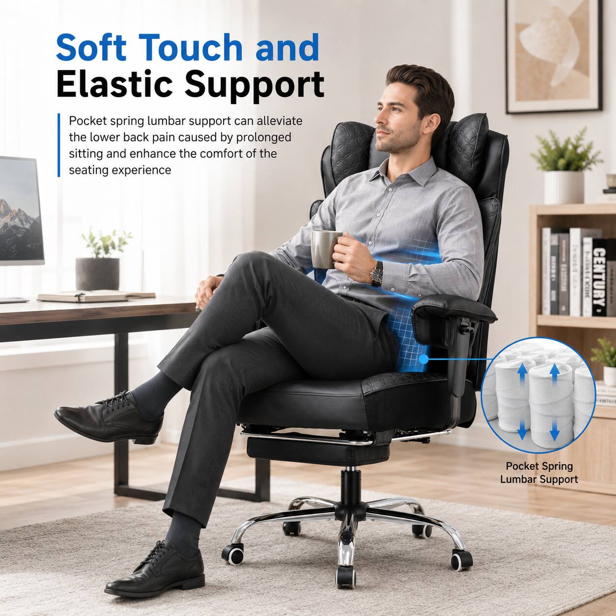 Soft Touch and Elastic Support

Pocket spring lumbar support can alleviate the lower back pain caused by prolonged sitting and enhance the comfort of the seating experience

I ME CENTURY Pocket Spring Lumbar Support