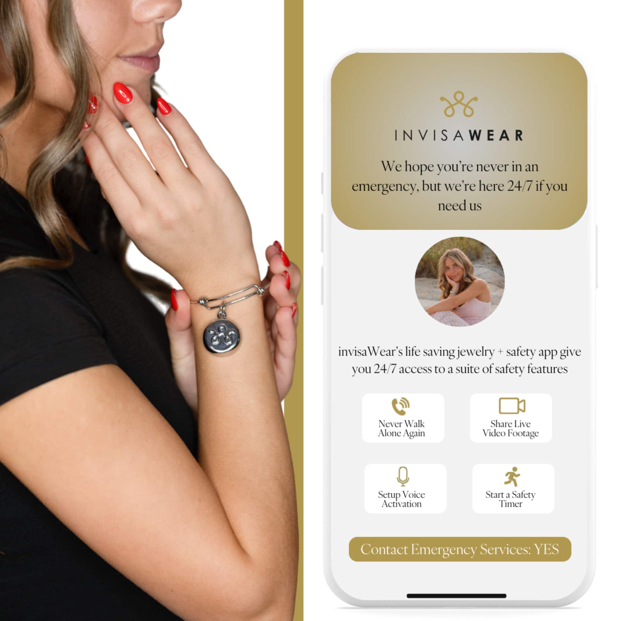 NVISAWEAR We hope you're never in an emergency, but we're here 24/7 if you need us. Invisa Wear's life-saving jewelry + safety app give you 24/7 access to a suite of safety features. Never Walk Alone Again. Share Live Video Footage. Setup Voice Activation. Start J Safety Timer. Contact Emergency Services: YES.