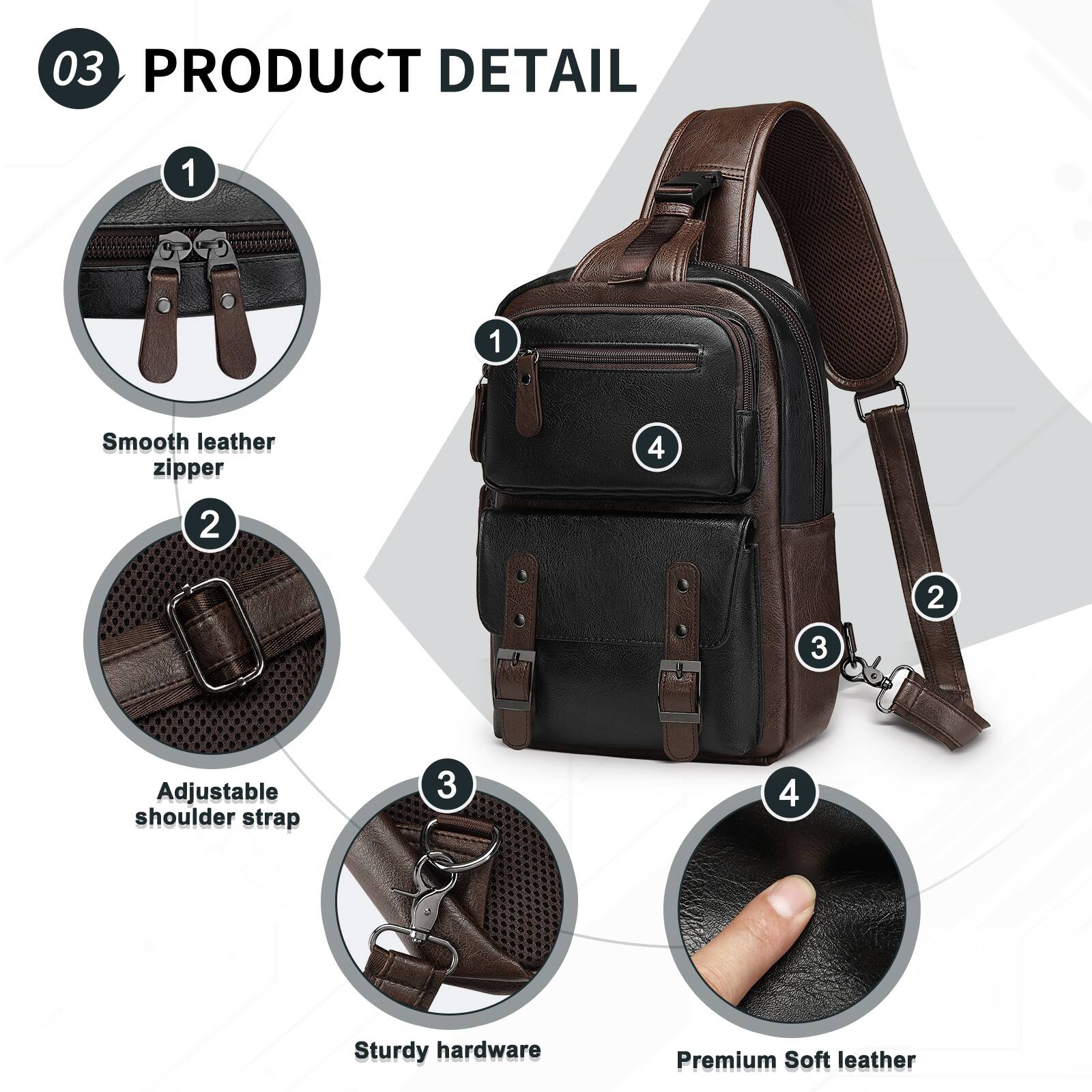 03 PRODUCT DETAIL

1. Smooth leather zipper
2. Adjustable shoulder strap
3. Sturdy hardware
4. Premium Soft leather