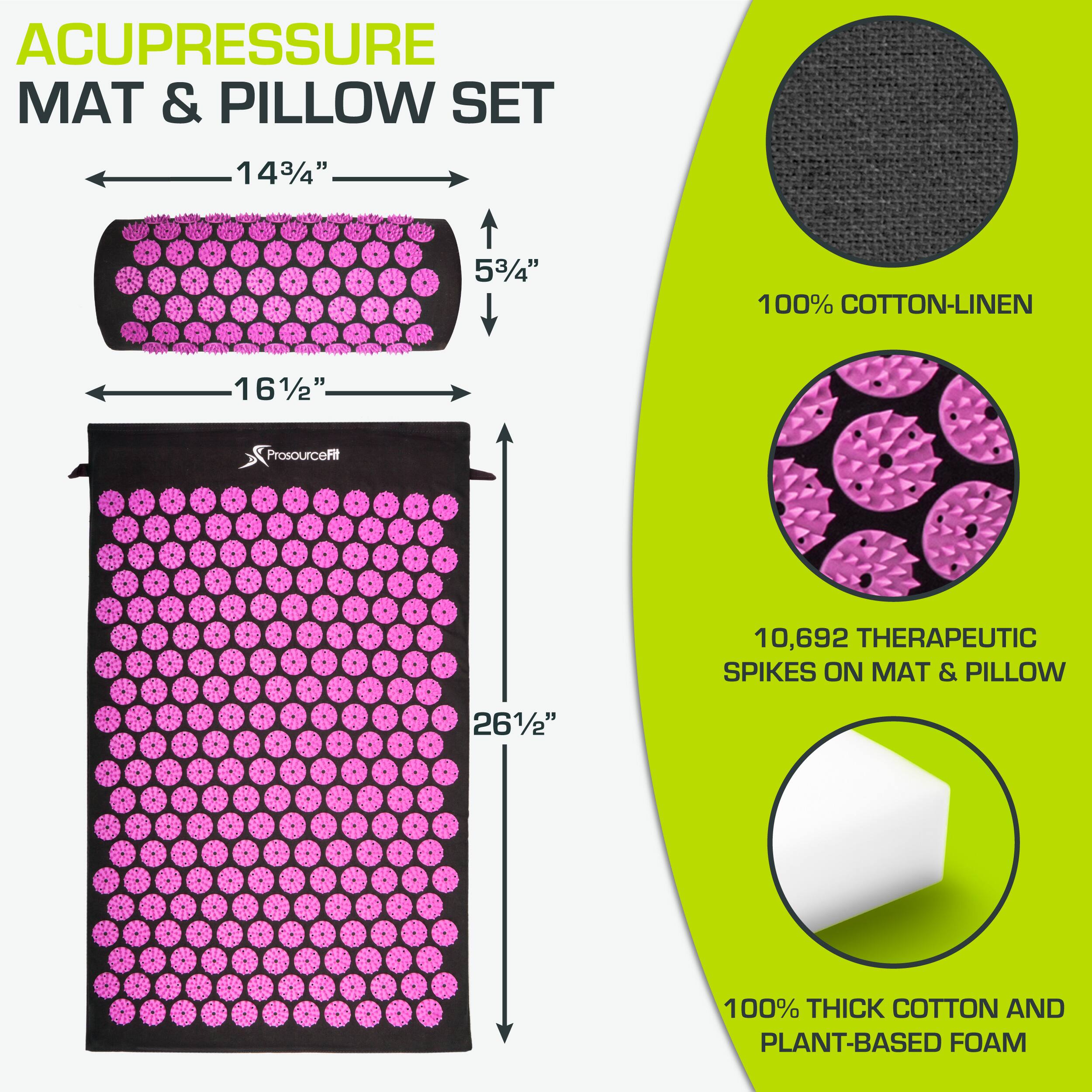 ACUPRESSURE MAT & PILLOW SET

- 14 3/4" x 5 3/4" (Pillow)
- 16 1/2" x 26 1/2" (Mat)

100% COTTON-LINEN

10,692 THERAPEUTIC SPIKES ON MAT & PILLOW

100% THICK COTTON AND PLANT-BASED FOAM