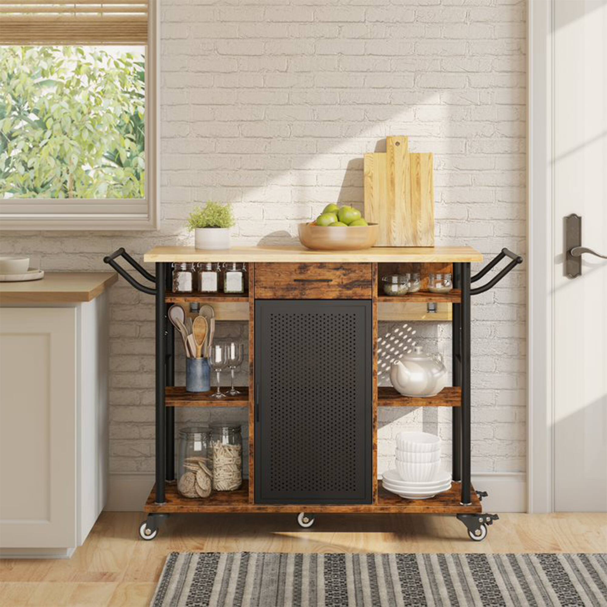 Alt View 4. Bestier - Bestier Rolling Kitchen Utility Cart with Collapsible Surface Extender, Brown - Brown.