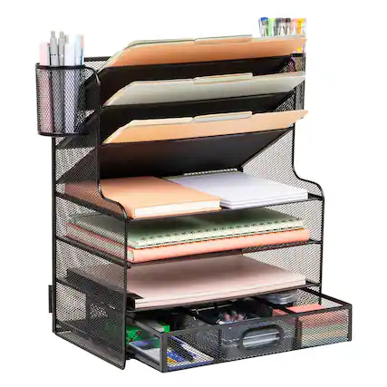 Front. Mind Reader - Mesh Desk Organizer, 6 Compartments, 1 Drawer, 2 Pen Cups, Office Desktop Organizer, Metal Mesh - Black.