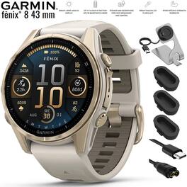 Garmin - Fenix 8 43 mm AMOLED Gold with Fog Gray Band + Charging Dock Bundle - Soft Gold - (2024)