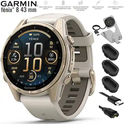 GARMIN
fenix 8 43 mm
- BRIGHT, CRISP AMOLED DISPLAY
- UP TO 10 DAYS OF BATTERY LIFE IN SMARTWATCH MODE
- SPEAKER AND MICROPHONE FOR VOICE MESSAGING AND CONTROL
- BRIGHT BUILT-IN LED FLASHLIGHT
- SPORT-SPECIFIC STRENGTH WORKOUTS
100%
3428
2.5k
1019
10
82
V02 52
8081
AUG 38 01
SMTWTFS
GARMIN
- DAYS OF BATTERY SMARTWATCH MODE
- SPEAKER AND MICROPHONE FOR VOICE MESSAGING AND CONTROL
- BRIGHT BUILT-IN LED FLASHLIGHT
- SPORT-SPECIFIC STRENGTH WORKOUTS