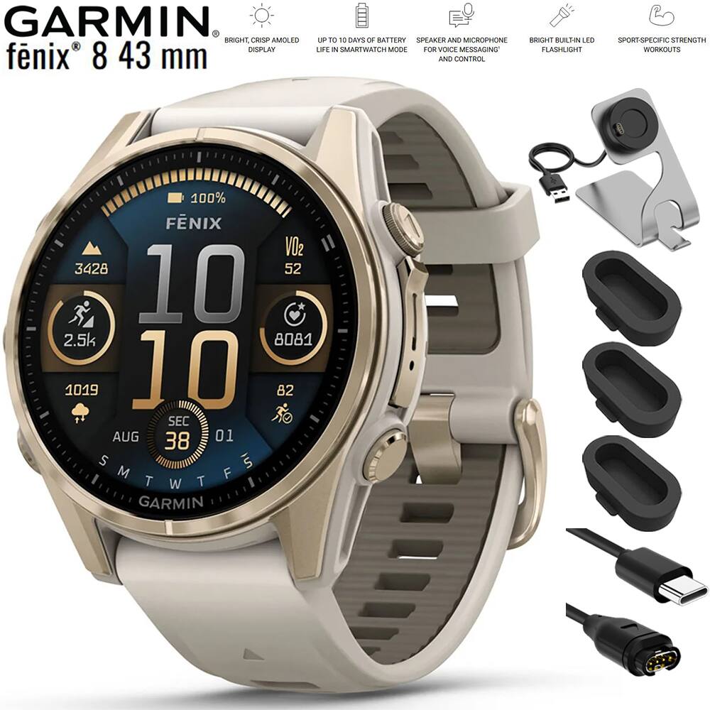 GARMIN  
fenix 8 43 mm  

- BRIGHT, CRISP AMOLED DISPLAY  
- UP TO 10 DAYS OF BATTERY LIFE IN SMARTWATCH MODE  
- SPEAKER AND MICROPHONE FOR VOICE MESSAGING AND CONTROL  
- BRIGHT BUILT-IN LED FLASHLIGHT  
- SPORT-SPECIFIC STRENGTH WORKOUTS  

100%  
3428  
2.5k  
1019  
10  
82  
V02 52  
8081  
AUG 38 01  
SMTWTFS  
GARMIN  

- DAYS OF BATTERY SMARTWATCH MODE  
- SPEAKER AND MICROPHONE FOR VOICE MESSAGING AND CONTROL  
- BRIGHT BUILT-IN LED FLASHLIGHT  
- SPORT-SPECIFIC STRENGTH WORKOUTS