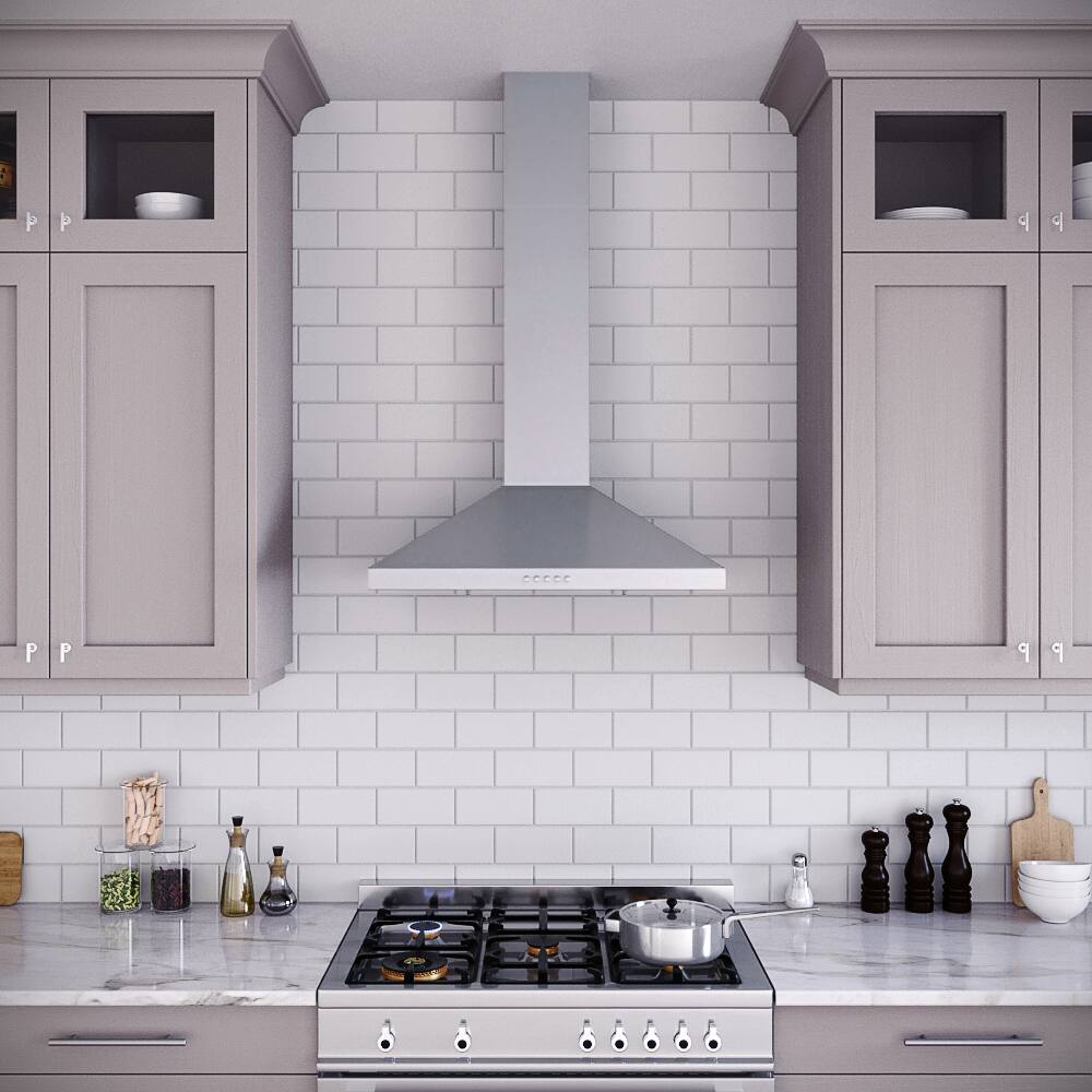 Left. Streamline - 30 in. Acrone Ductless Wall Mount 220 CFM Range Hood, Baffle Filters, Electronic Button Control, LED Light - Brushed Stainless Steel.