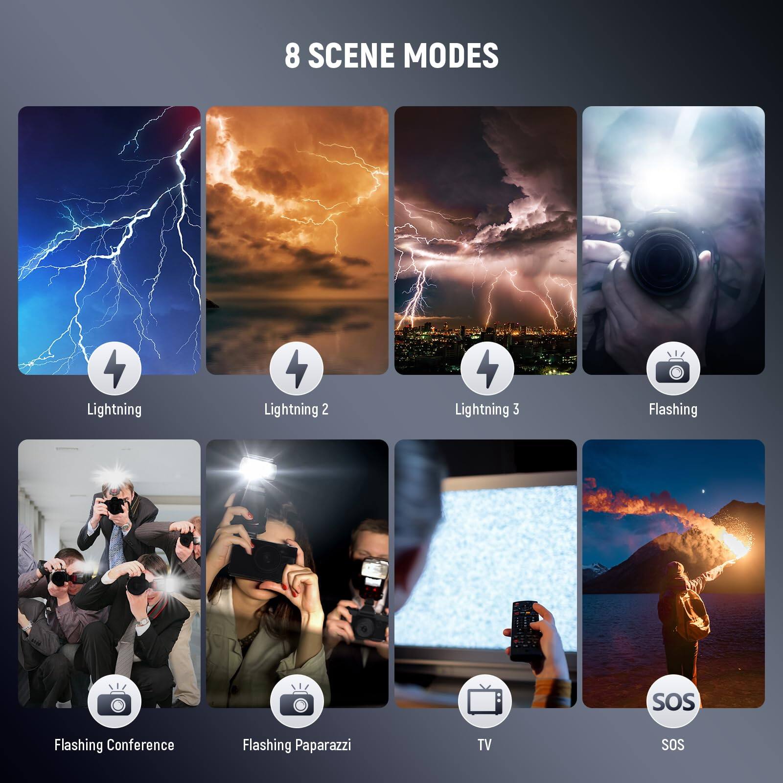 8 SCENE MODES  
- Lightning  
- Lightning 2  
- Lightning 3  
- Flashing  
- Flashing Conference  
- Flashing Paparazzi  
- TV  
- SOS