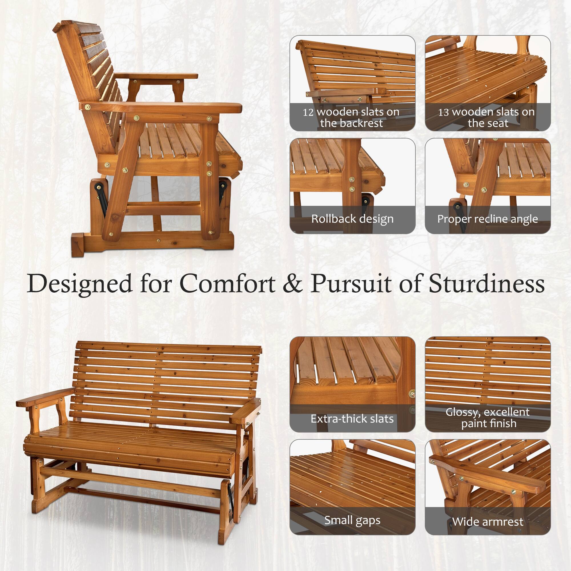 12 wooden slats on the backrest  
13 wooden slats on the seat  
Rollback design  
Proper recline angle  
Designed for Comfort & Pursuit of Sturdiness  
Extra-thick slats  
Glossy, excellent paint finish  
Small gaps  
Wide armrest
