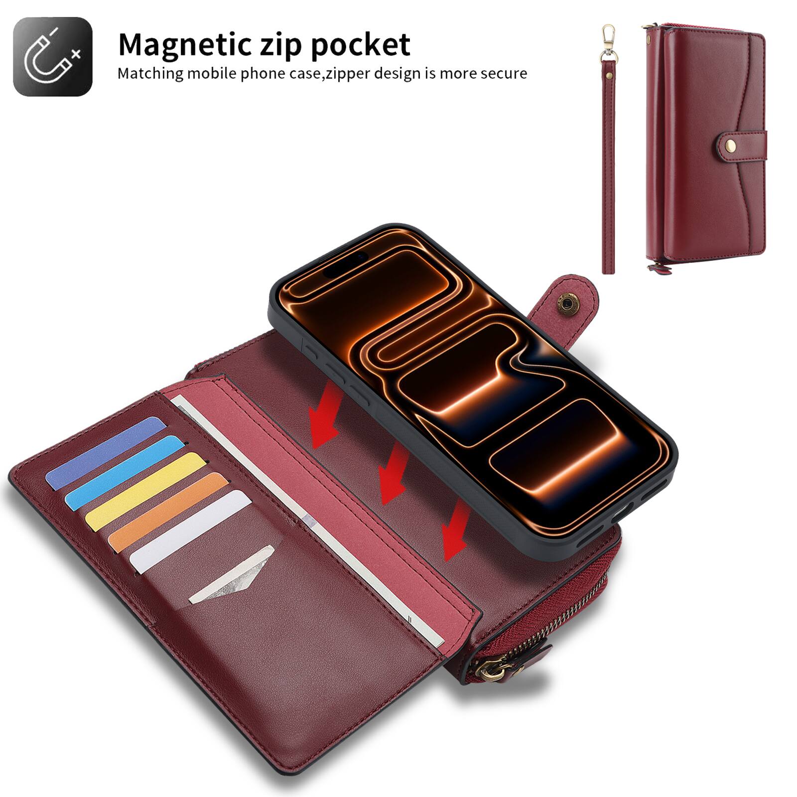 Magnetic zip pocket  
Matching mobile phone case, zipper design is more secure