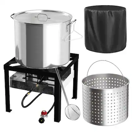 Front. FODINGHILL - 100QT Aluminum Outdoor Crawfish & Crab Boiler with Basket, Skimmer & Cover, Seafood Boiling Kit - silver.