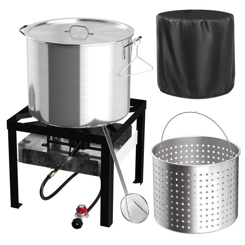 Front. FODINGHILL - 100QT Aluminum Outdoor Crawfish & Crab Boiler with Basket, Skimmer & Cover, Seafood Boiling Kit - silver.