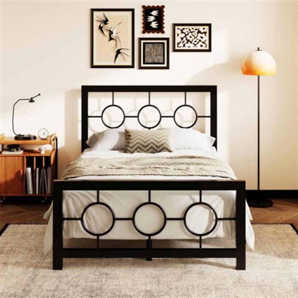 Angle. Hivvago - Twin Black Metal Platform Bed Frame with Circle Medallion Headboard Footboard - Black.