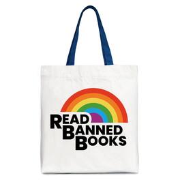 OrnamentallyYou - Read Banned Books Rainbow Canvas Tote Bag, Book Lover Gift Shopper - White Navy