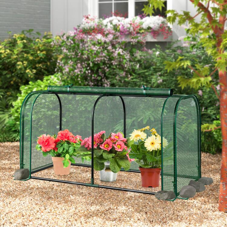 Angle. SlickBlue - Outdoor Mini Tunnel Greenhouse for Plants with Zipper Door - Green.