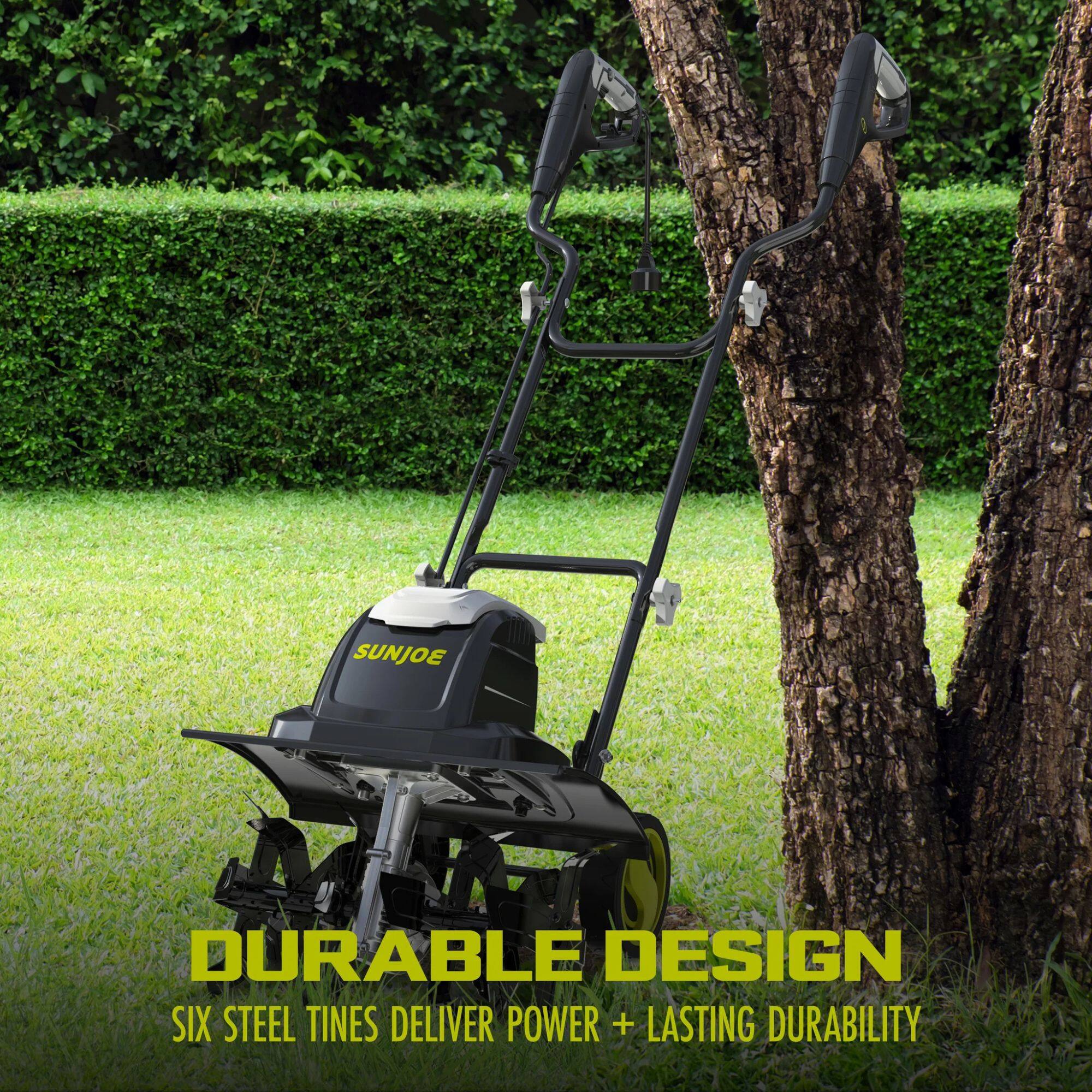 SUNJOE  
DURABLE DESIGN  
SIX STEEL TINES DELIVER POWER + LASTING DURABILITY