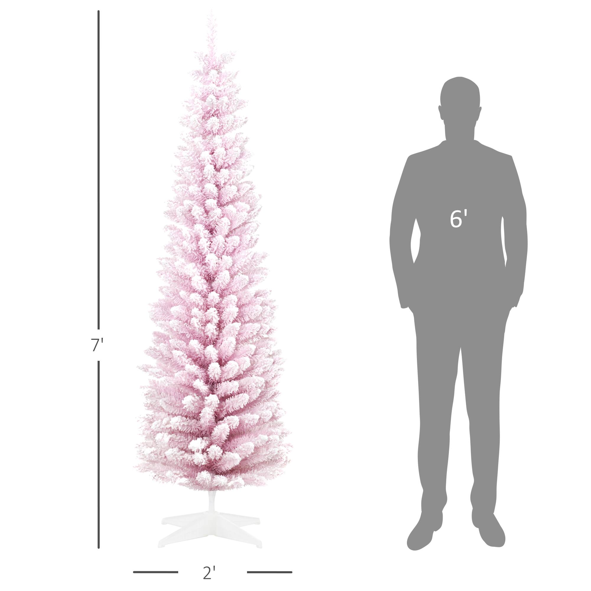 Alt View 2. Homcom - Snow Flocked Slim Pencil Artificial Christmas Tree, Realistic Branches Plastic Base - Pink.