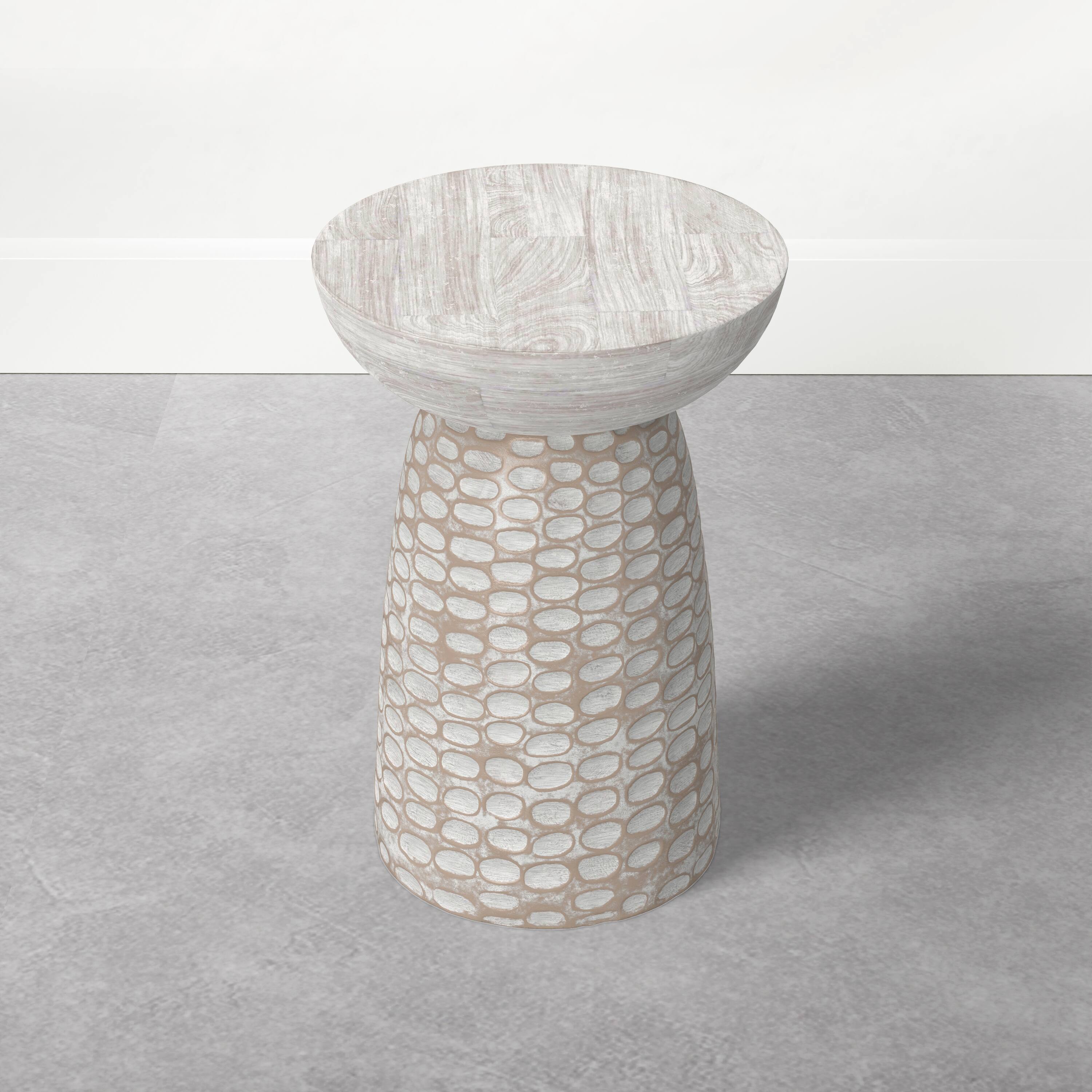Alt View 3. Simpli Home - Boyd 13 inch Wide Solid Mango Wood Round Accent Table, Distressed White - Distressed White.