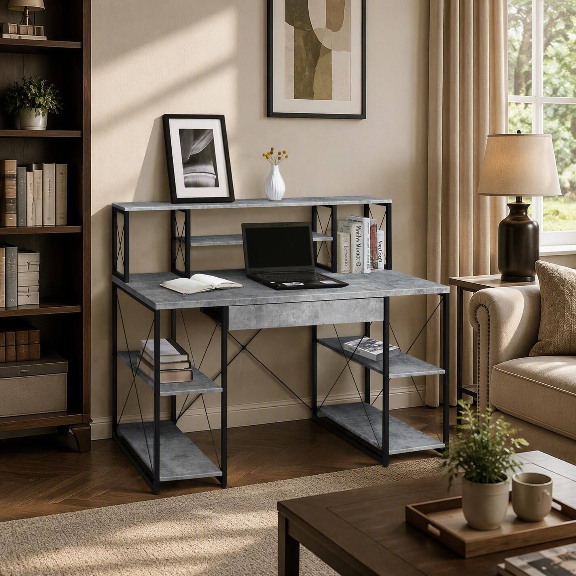 RYHNUYNE Grey and Black Office Desk, Open Shelves, Hutch, 1 Drawer, 8 ...