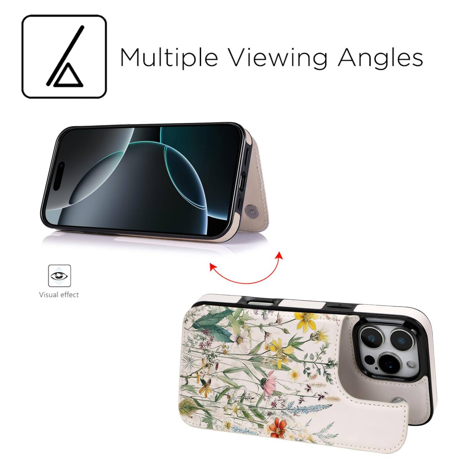 Alt View 3. Jadie Link - Pro Wallet Case Card Holder Leather Rfid Blocking Design Flip Women Men Magnetic Clasp Kickstand 6.3 Inch desert Flowers - Desert Flowers-iPhone 16 Pro Max.