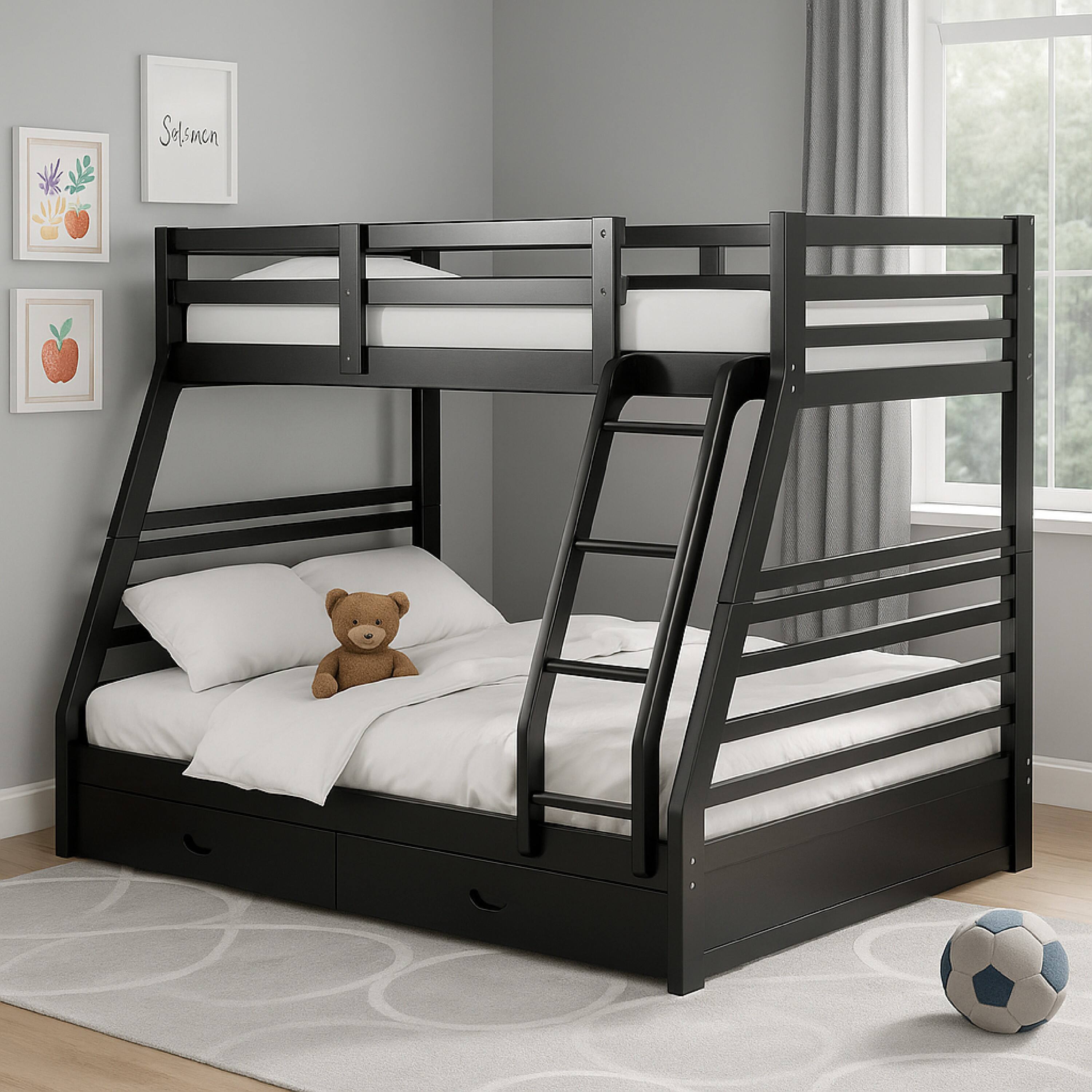 Alt View 2. Manhattan Lane - Zegy Twin over Full Bunk Bed with 2 Drawers and Attached Ladder - Black.
