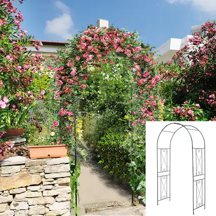 Front. Gymax - Gymax Garden Arch Arbor Trellis 7.2 ft Metal Archway Patio Pergola for Climbing Plants - Black.