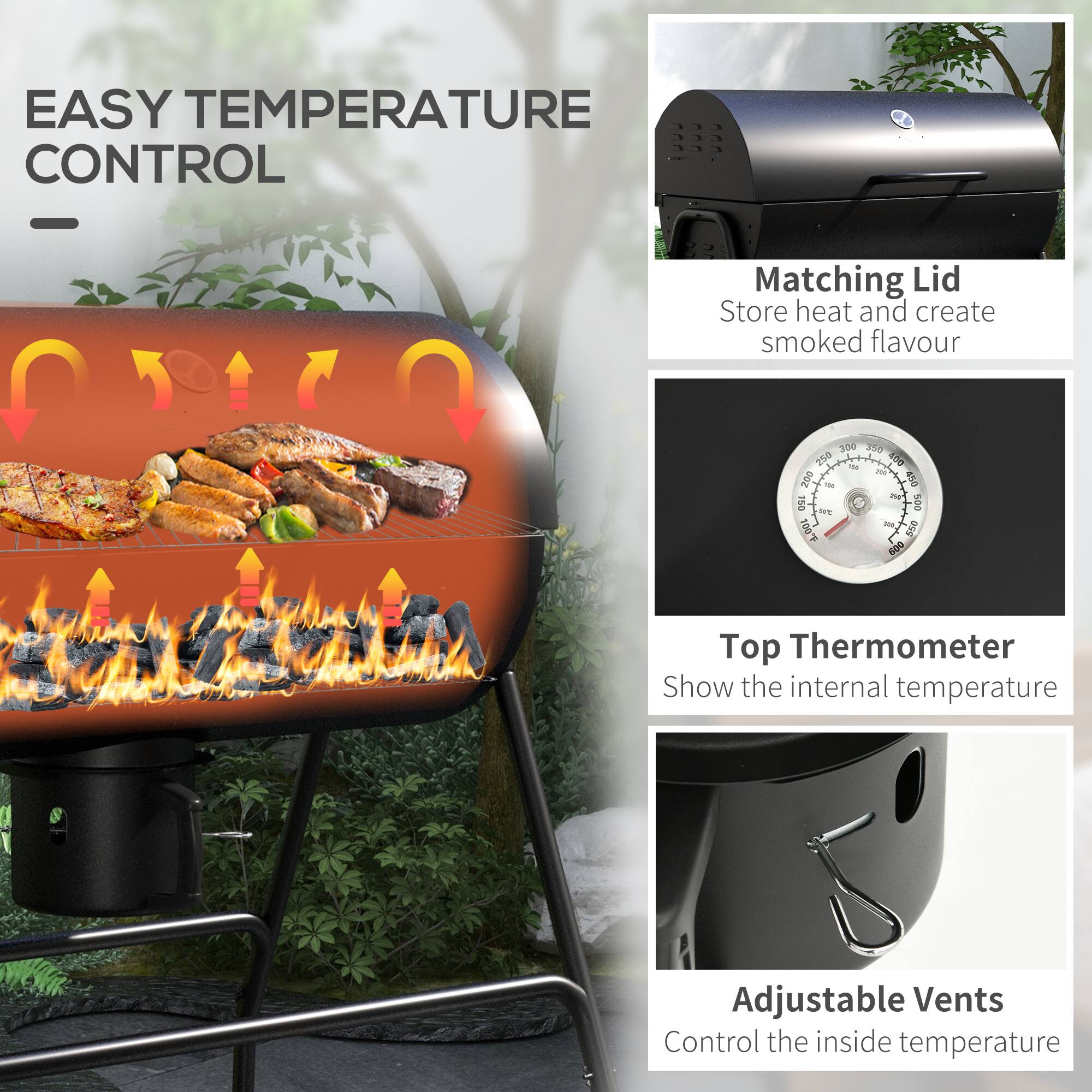 EASY TEMPERATURE CONTROL

- Matching Lid
  Store heat and create smoked flavour

- Top Thermometer
  Show the internal temperature

- Adjustable Vents
  Control the inside temperature