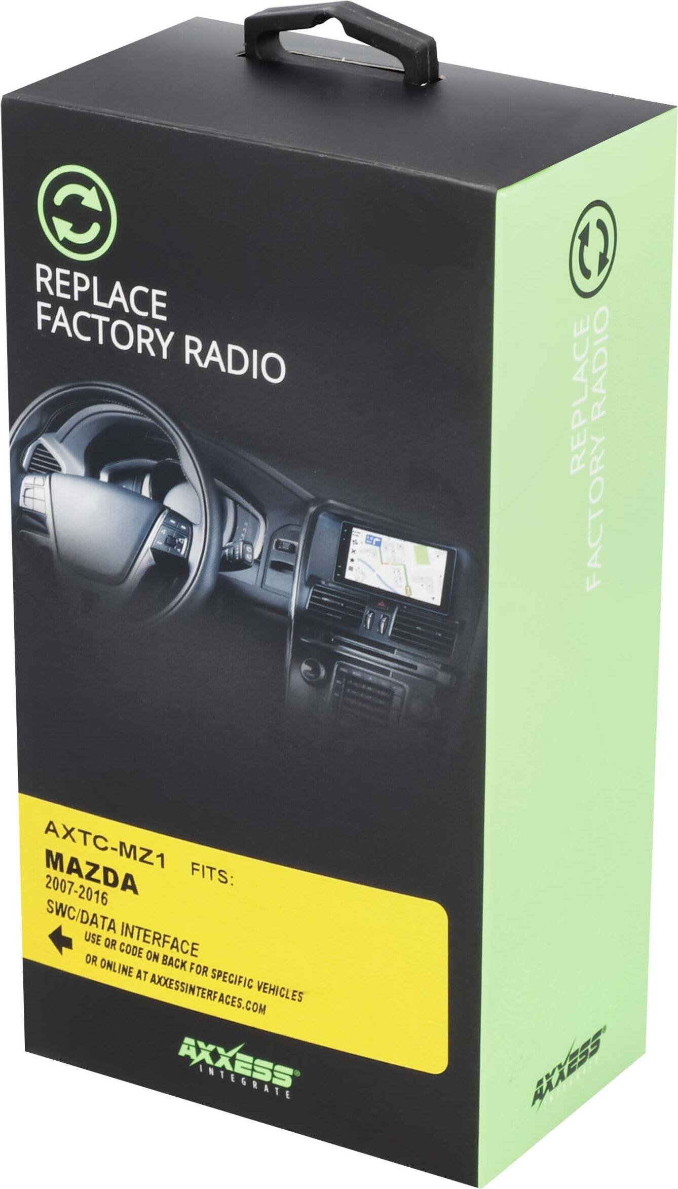 Replace Factory Radio: AXTC-MZ1 for Mazda 2007-2016. Fits SWC/DATA and uses QR interface code. Available online at AxxessInterfaces.com for specific vehicles.