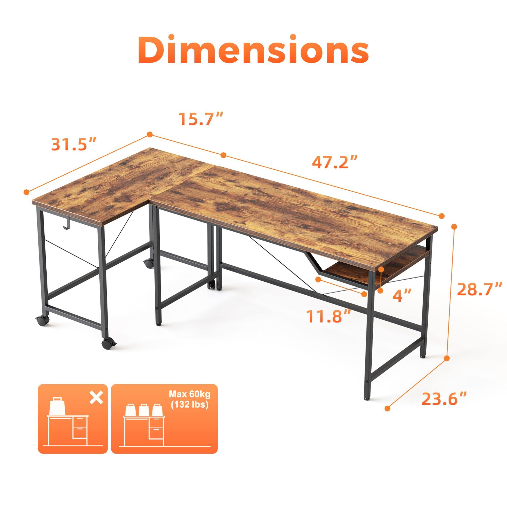 Dimensions:  
- Length: 47.2"  
- Width: 31.5"  
- Height: 28.7"  
- Shelf Height: 11.8"  
- Shelf Depth: 15.7"  
- Shelf Thickness: 4"  
- Leg Width: 23.6"  

Max Load: 60kg (132 lbs)