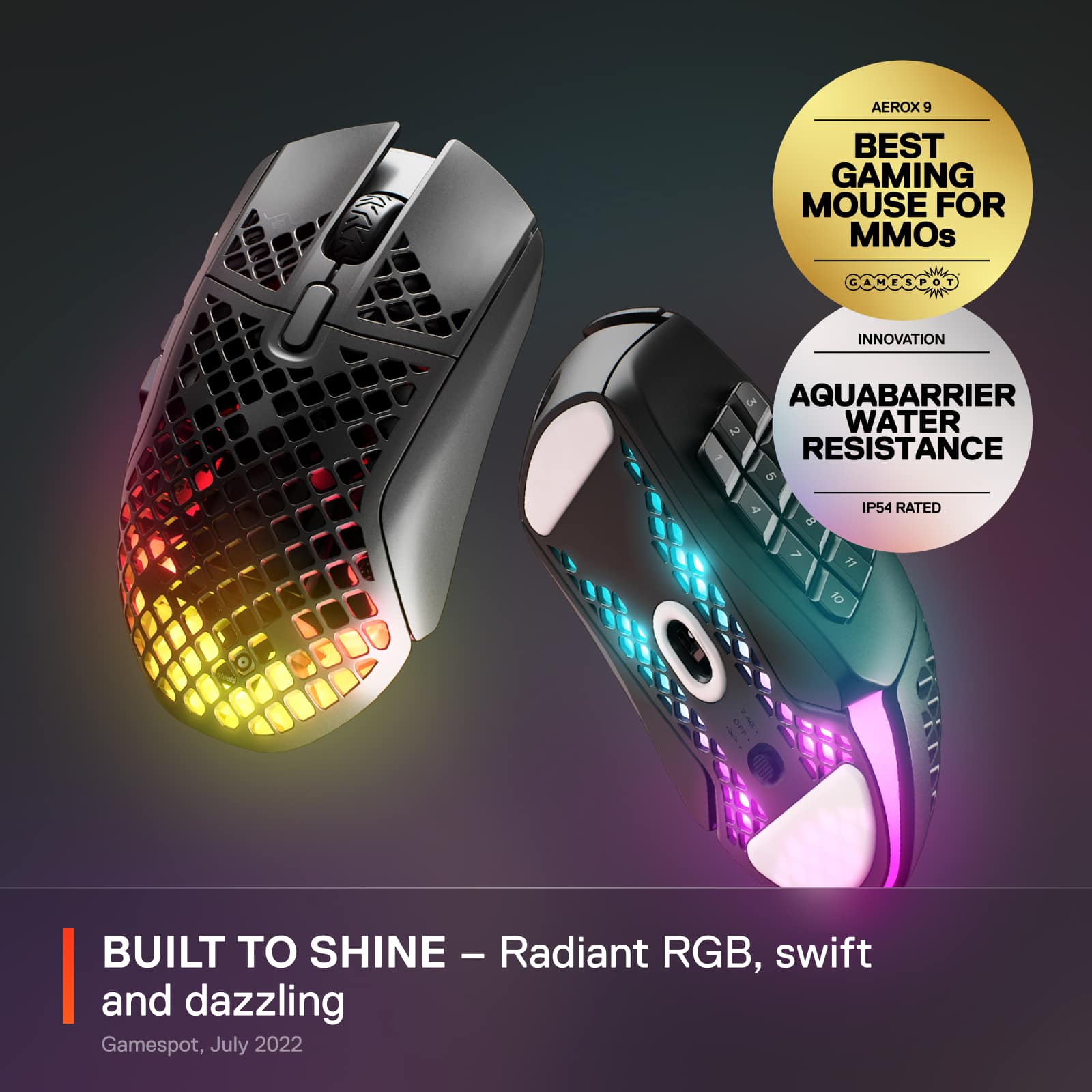 AEROX 9 W - BEST GAMING MOUSE FOR MMOs - INNOVATION - 3 AQUABARRIER AJ WATER RESISTANCE - 5 4 8 IP54 RATED - 7 11 10 - Built to Shine - Radiant RGB, swift and dazzling - Gamespot, July 2022
