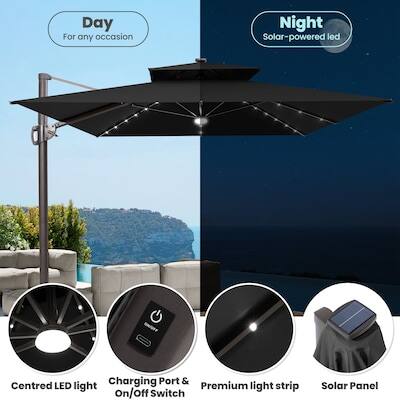 Day  
For any occasion  

Night  
Solar-powered LED  

Charging Port & On/off Switch  
Centred LED light  
Premium light strip  
Solar Panel