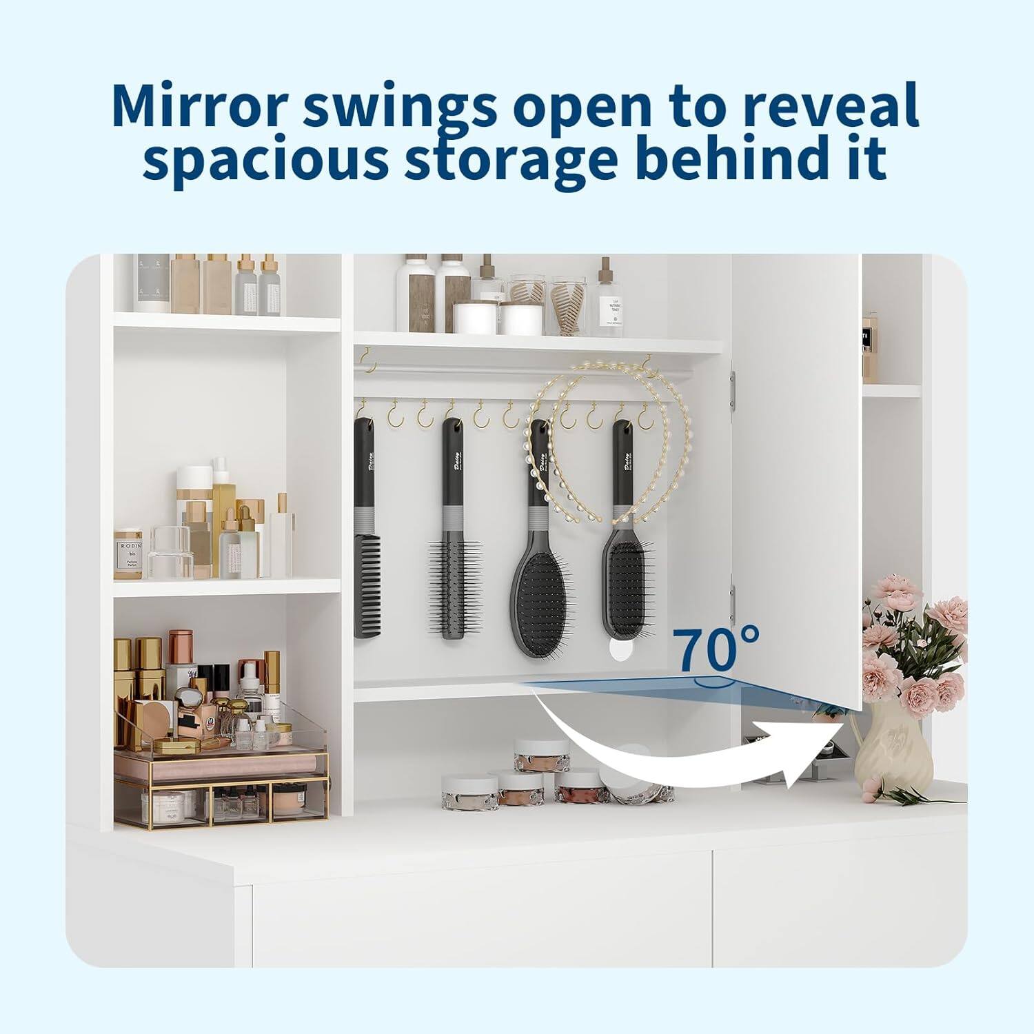 Mirror swings open to reveal spacious storage behind it

70°