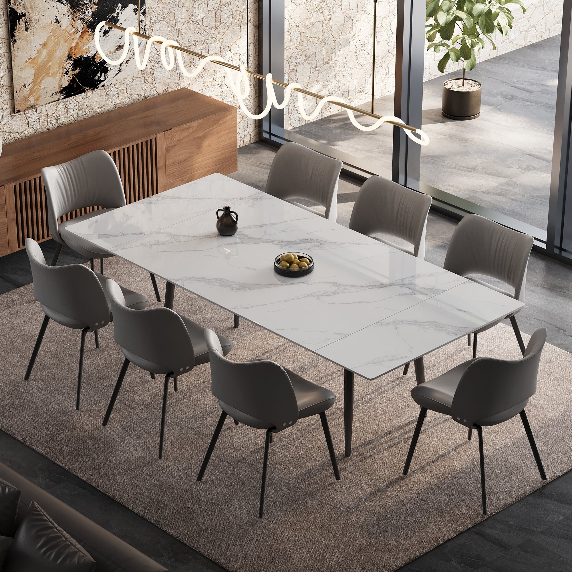 luck idea - 94.4" Retractable Sintered Stone Dining Table, Seats 8 - 10 People,Modern Mid-Century Kitchen Dinner Tables - Bright white