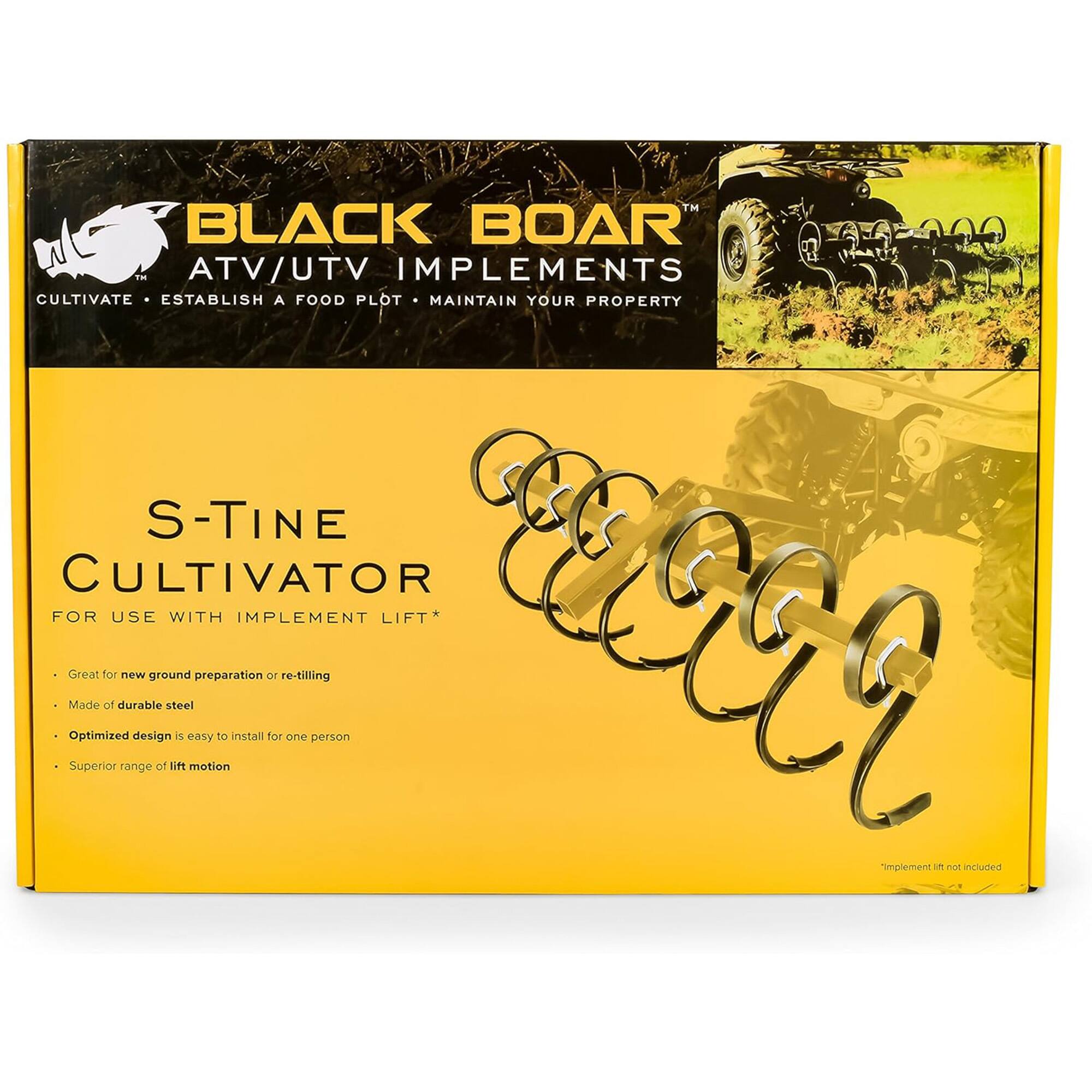 BLACK BOAR™ ATV/UTV IMPLEMENTS  
CULTIVATE • ESTABLISH A FOOD PLOT • MAINTAIN YOUR PROPERTY  

S-TINE CULTIVATOR  
FOR USE WITH IMPLEMENT LIFT*  

- Great for new ground preparation or re-tilling  
- Made of durable steel  
- Optimized design is easy to install for one person  
- Superior range of lift motion  

*Implement lift not included